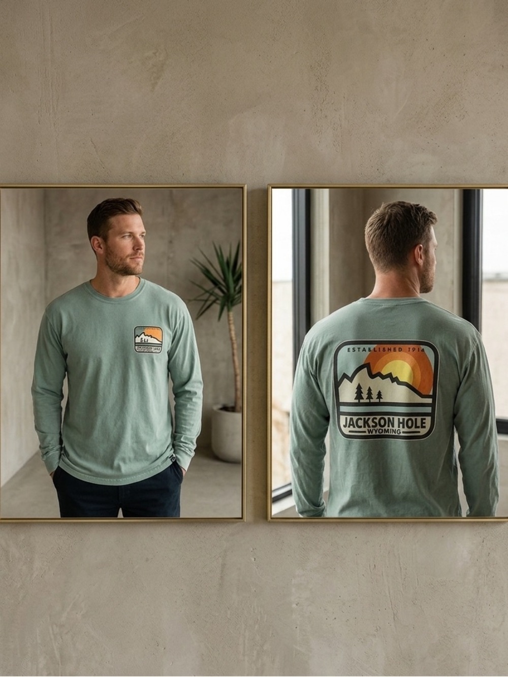 TechStyles Jackson Hole Wyoming Long Sleeve T-Shirt Graphic Tee Sage Green LG